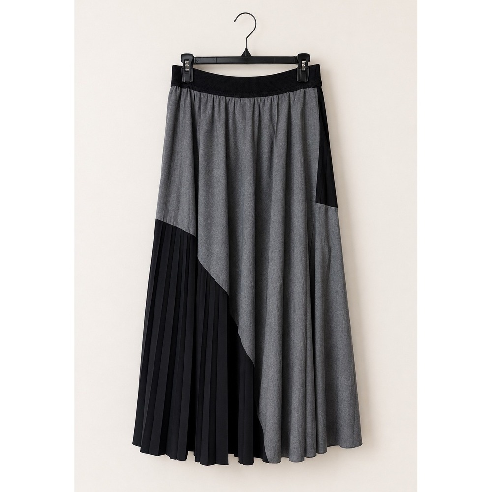 Kedziorek Pleated Maxi Skirt Women Medium Gray Black Colorblock Lagenlook Artsy